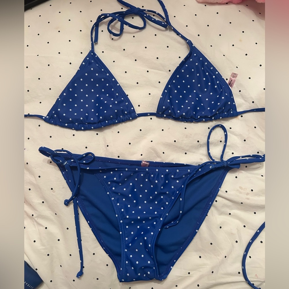 Blue and white polka dot bikini